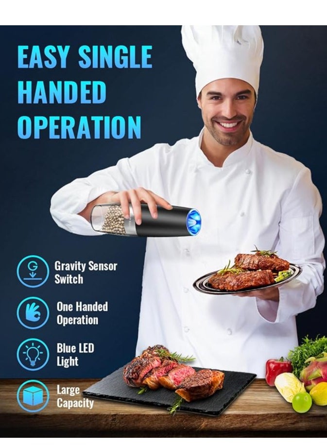 Gravity Electric Pepper and Salt Grinder Set, Adjustable Coarseness, Battery Powered, One Hand Automatic Operation, Stainless Steel Black