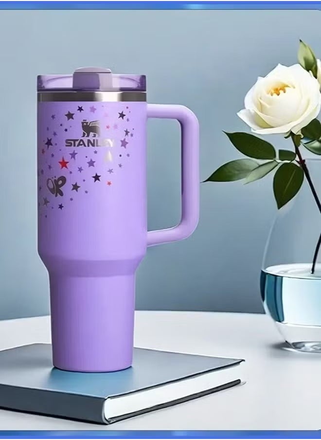 Stainless Steel Vacuum Insulated Tumbler with Lid and Straw for Water, Iced Tea, Coffee, Smoothie, and More – 40oz, Purple with Star, Double-Walled, Leak-Proof, BPA-Free, Reusable