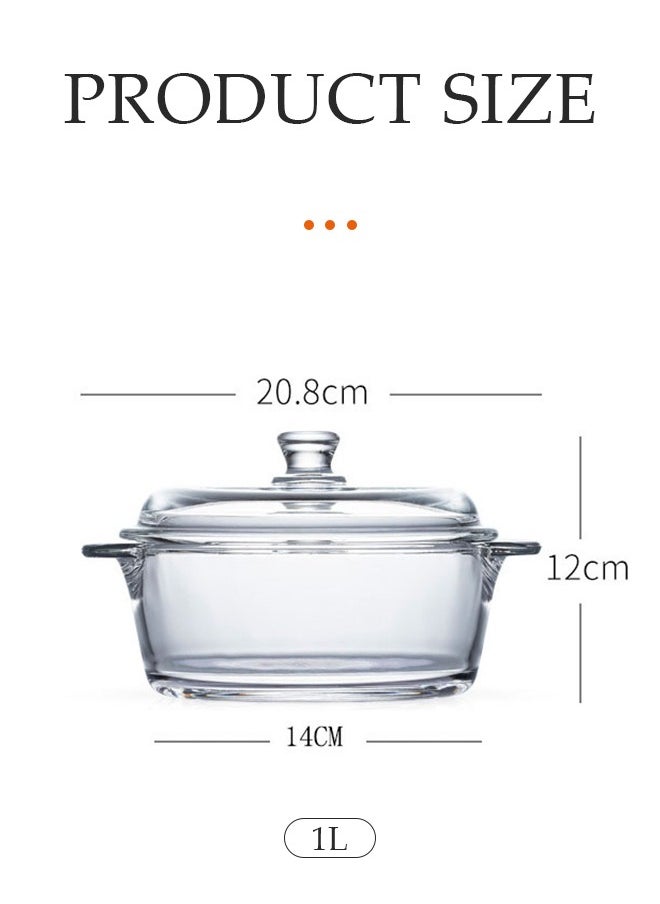 Clear Glass Bowl with Lid 1000mL Heat-resistant Thick Borosilicate Glass Pot with lid Microwave Cookware with Cover & Handle - Safe for Pasta Noodle, Soup, Milk