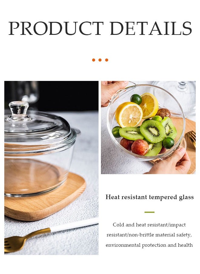 Clear Glass Bowl with Lid 1000mL Heat-resistant Thick Borosilicate Glass Pot with lid Microwave Cookware with Cover & Handle - Safe for Pasta Noodle, Soup, Milk