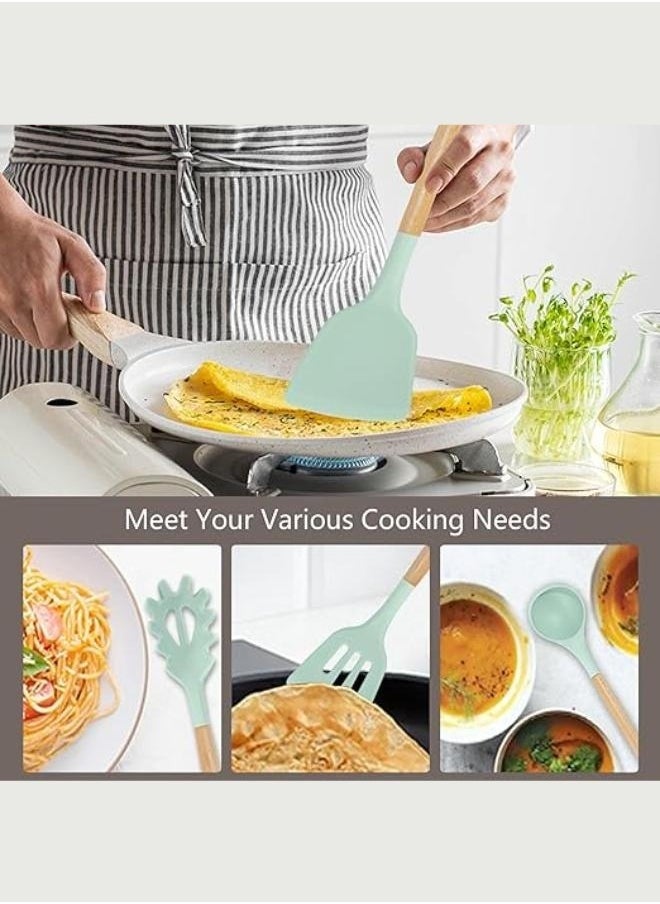 19 Piece Silicone Kitchenware Utensil Set Silicone Kitchen Utensils Set Heat Resistant Non-stick Cooking Tool with Wooden Handles Silicone Cookware Set BPA Free,19pcs Multicolor