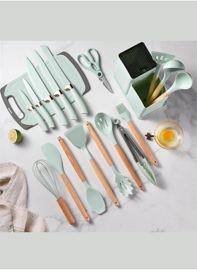 19 Piece Silicone Kitchenware Utensil Set Silicone Kitchen Utensils Set Heat Resistant Non-stick Cooking Tool with Wooden Handles Silicone Cookware Set BPA Free,19pcs Multicolor