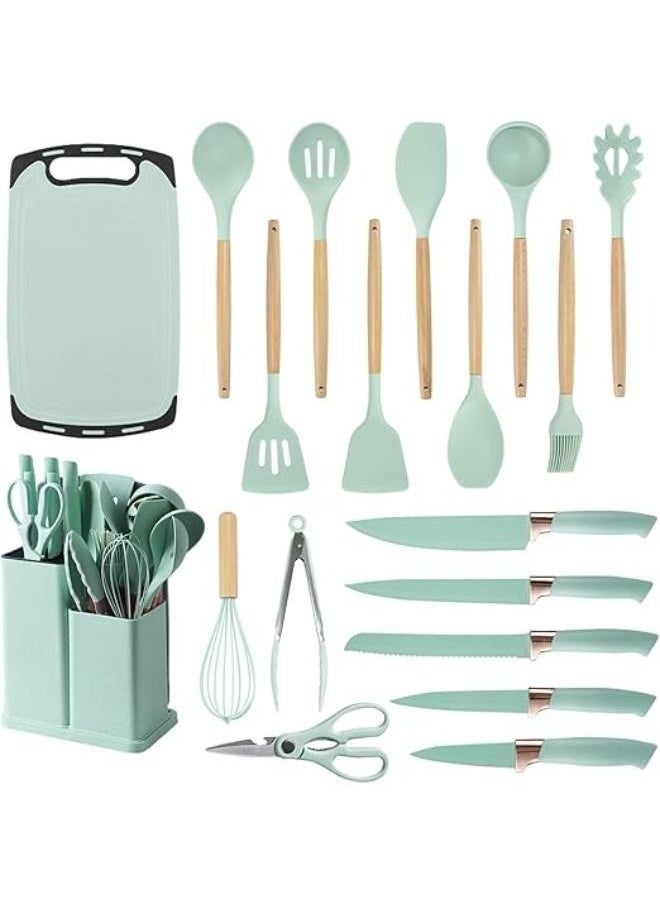 19 Piece Silicone Kitchenware Utensil Set Silicone Kitchen Utensils Set Heat Resistant Non-stick Cooking Tool with Wooden Handles Silicone Cookware Set BPA Free,19pcs Multicolor