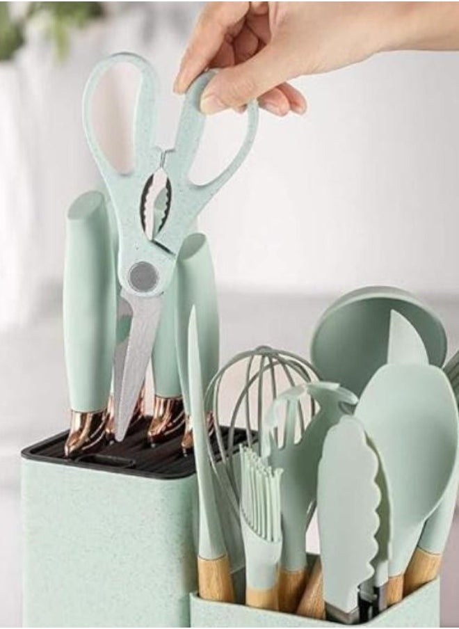 19 Piece Silicone Kitchenware Utensil Set Silicone Kitchen Utensils Set Heat Resistant Non-stick Cooking Tool with Wooden Handles Silicone Cookware Set BPA Free,19pcs Multicolor