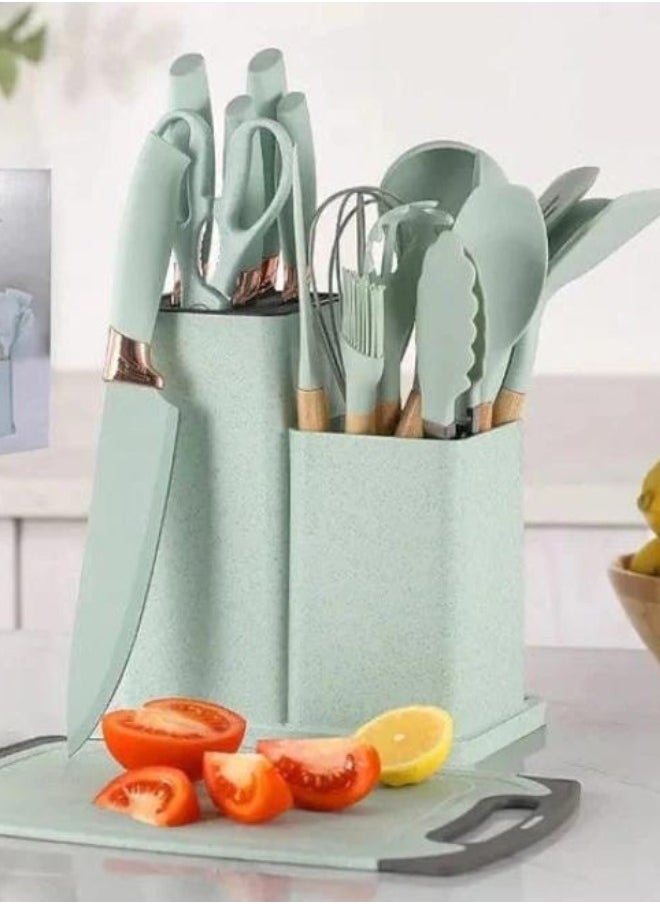 19 Piece Silicone Kitchenware Utensil Set Silicone Kitchen Utensils Set Heat Resistant Non-stick Cooking Tool with Wooden Handles Silicone Cookware Set BPA Free,19pcs Multicolor