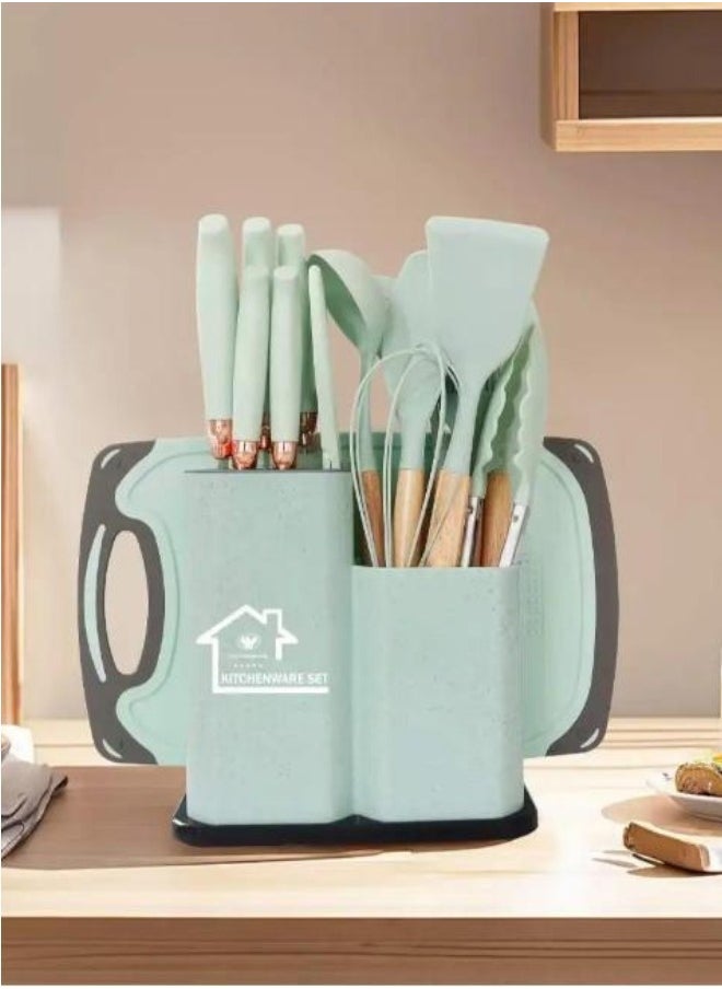 19 Piece Silicone Kitchenware Utensil Set Silicone Kitchen Utensils Set Heat Resistant Non-stick Cooking Tool with Wooden Handles Silicone Cookware Set BPA Free,19pcs Multicolor