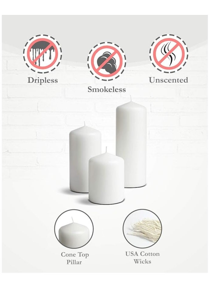 LUKADAH Premium Quality Unscented White Pillar Candles - Long Burning Hours, Decorative, SPA - Dripless Clean Burning Dinner Candle | Dripless Decorative Candles for Home Decor & Relaxation | Set of 3