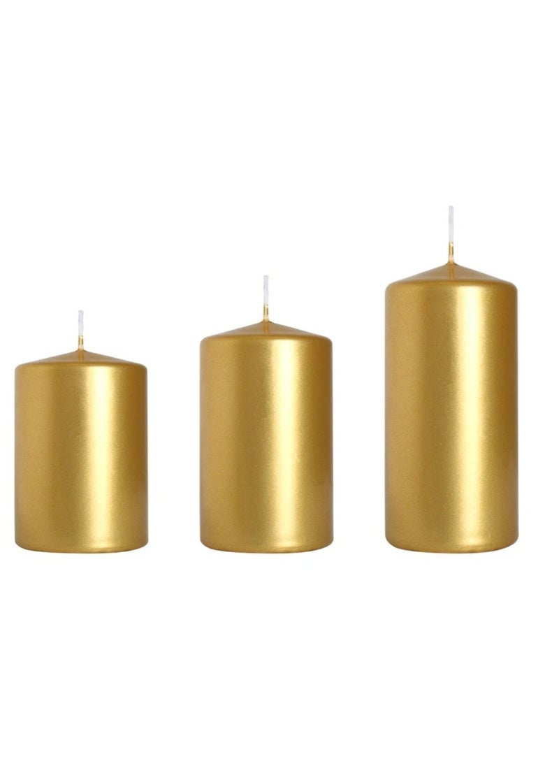 Premium Quality Unscented Metallic Gold Pillar Candles - Long Burning Hours, Decorative, SPA - Dripless Clean Burning Smokeless Dinner Candle | Dripless Decorative Candles for Wedding, Party, Birthday & Home Decor | Set of 3