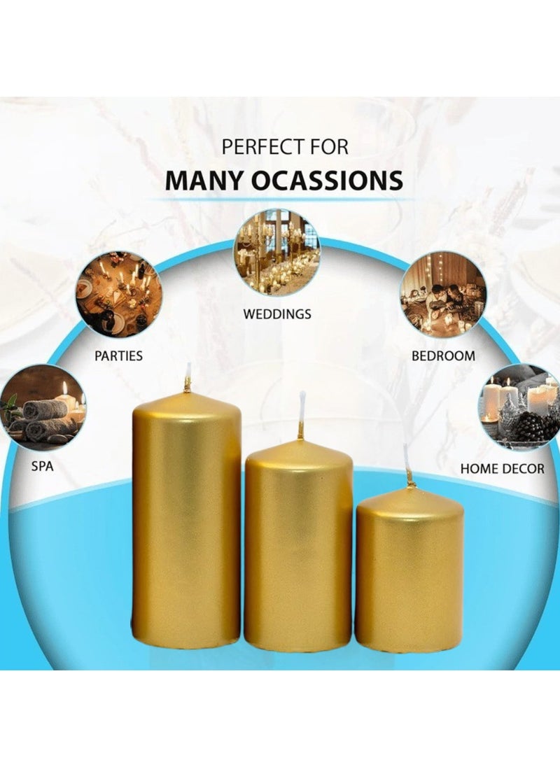 Premium Quality Unscented Metallic Gold Pillar Candles - Long Burning Hours, Decorative, SPA - Dripless Clean Burning Smokeless Dinner Candle | Dripless Decorative Candles for Wedding, Party, Birthday & Home Decor | Set of 3