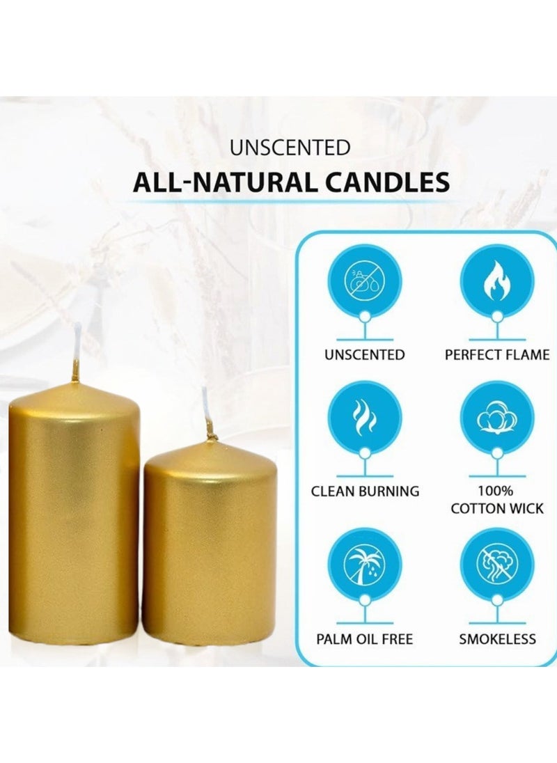 Premium Quality Unscented Metallic Gold Pillar Candles - Long Burning Hours, Decorative, SPA - Dripless Clean Burning Smokeless Dinner Candle | Dripless Decorative Candles for Wedding, Party, Birthday & Home Decor | Set of 3
