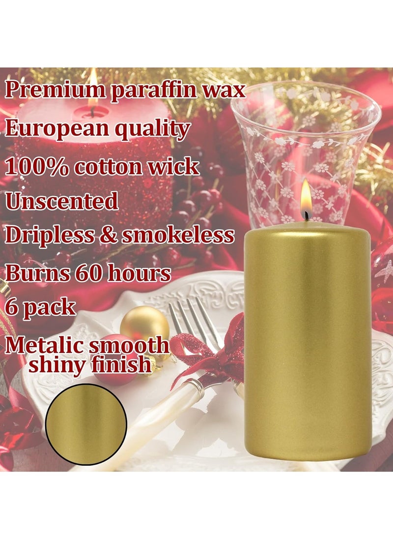Premium Quality Unscented Metallic Gold Pillar Candles - Long Burning Hours, Decorative, SPA - Dripless Clean Burning Smokeless Dinner Candle | Dripless Decorative Candles for Wedding, Party, Birthday & Home Decor | Set of 3