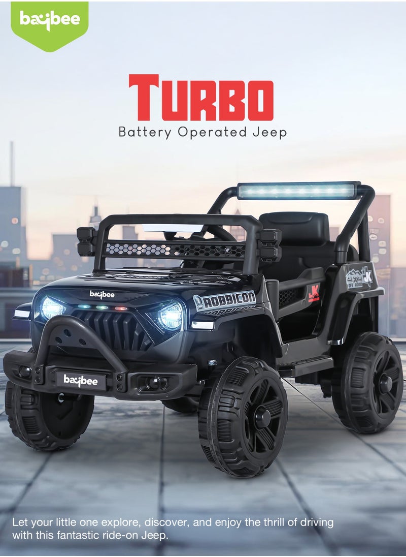 Turbo Battery Operated Jeep for Kids Rechargeable Battery Car for Kids with Music Led Light Ride On Kids Car Jeep Racing Baby Big Car Electric Car for Kids Childrens Boy Girl Black