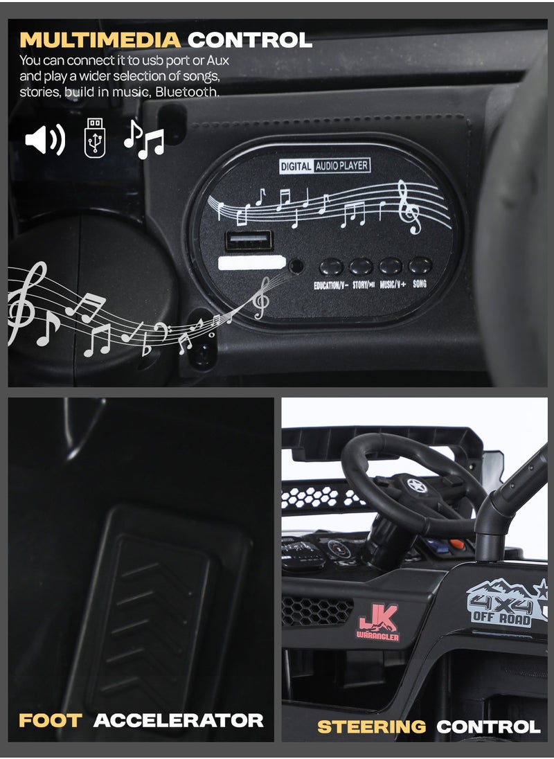 Turbo Battery Operated Jeep for Kids Rechargeable Battery Car for Kids with Music Led Light Ride On Kids Car Jeep Racing Baby Big Car Electric Car for Kids Childrens Boy Girl Black