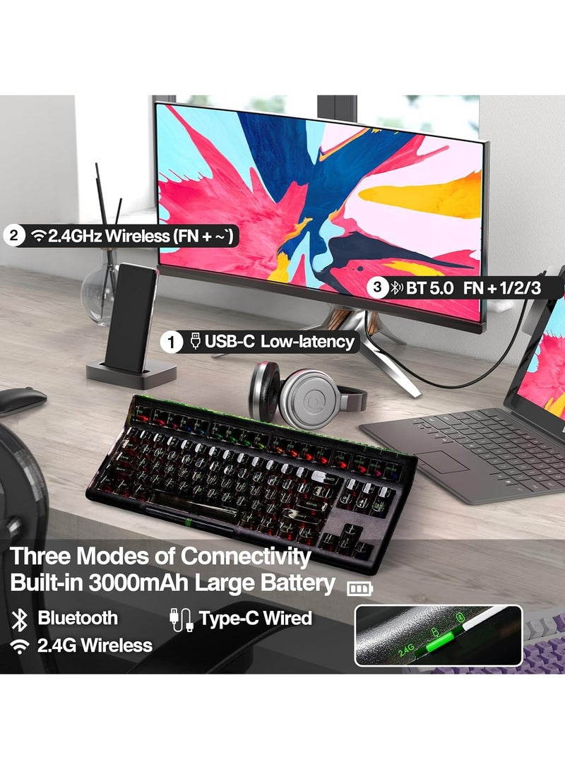 EPOMAKER Brick 87 Tri-Mode TKL Mechanical Keyboard with Stackable Block Bar, Thumb-scroll Knobs,(Clear Black, Wisteria Linear Switch)