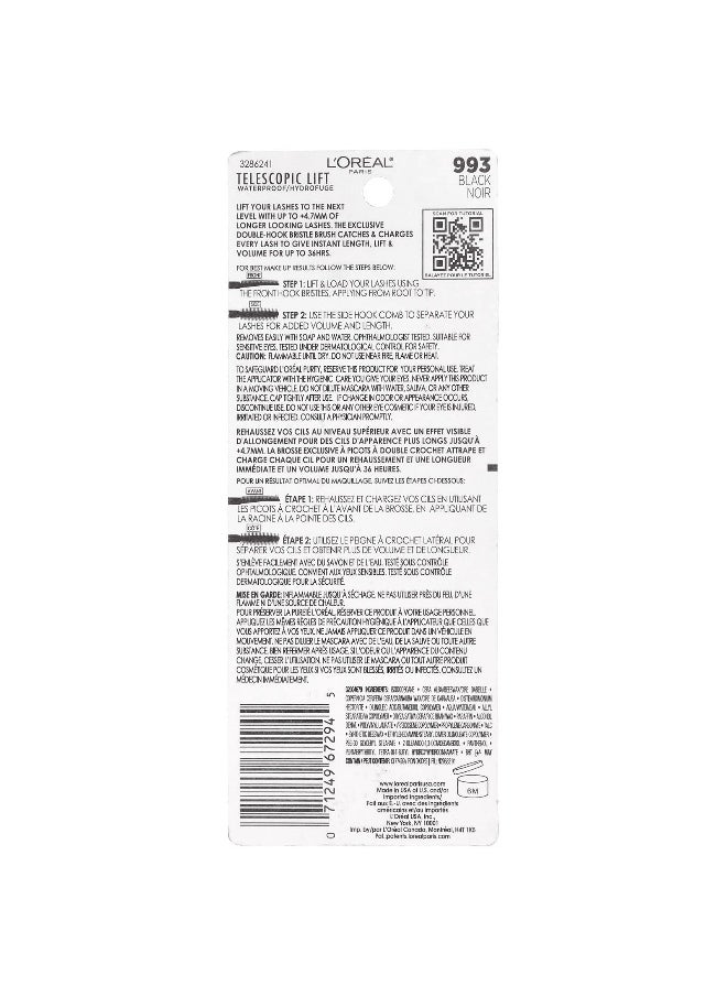 L'Oréal, Telescopic Lift, Waterproof Mascara, 993 Black, 0.33 fl oz (10 ml)