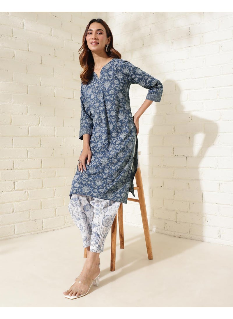Indigo Cotton Hand Block Printed Knee Length kurta
