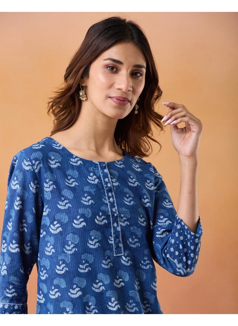 Cotton Slim Fit Dabu Printed Short Kurta