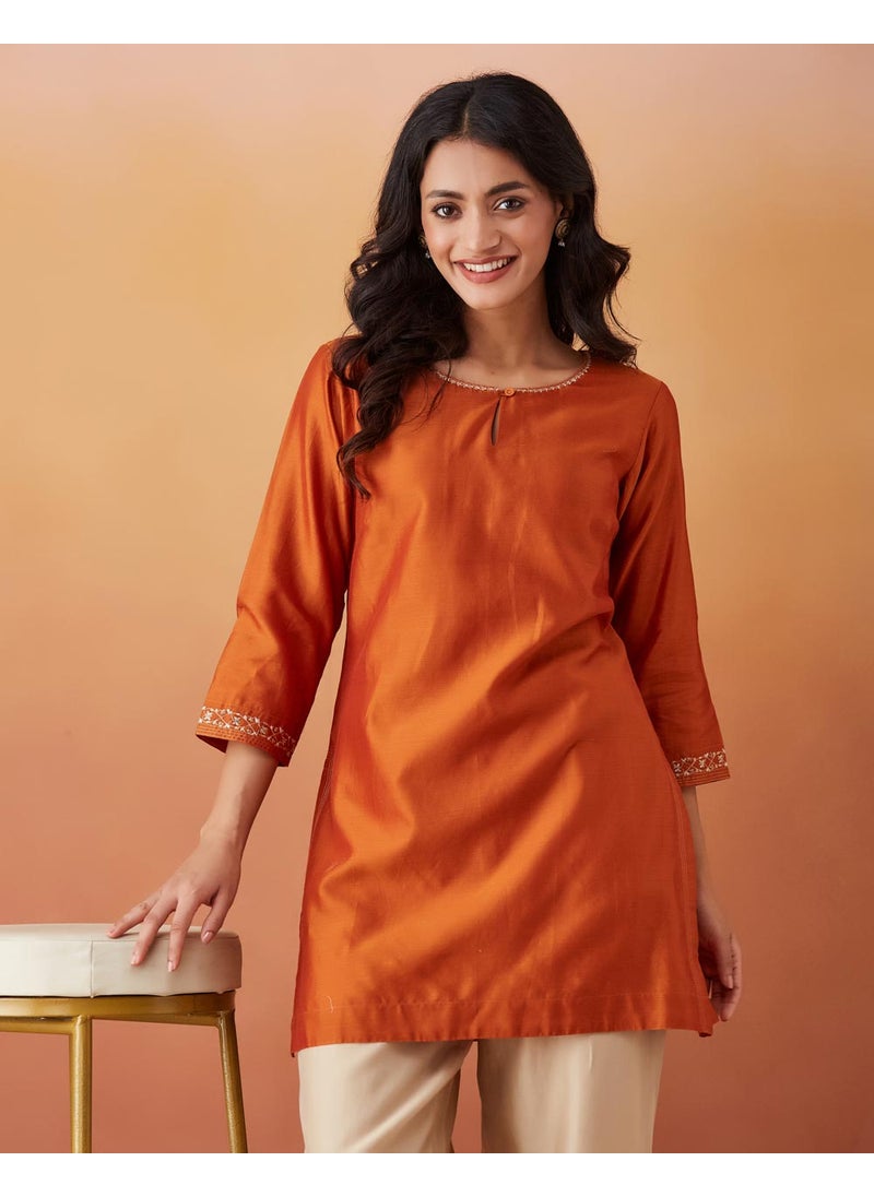 Cotton Silk Embroidered Short Kurta