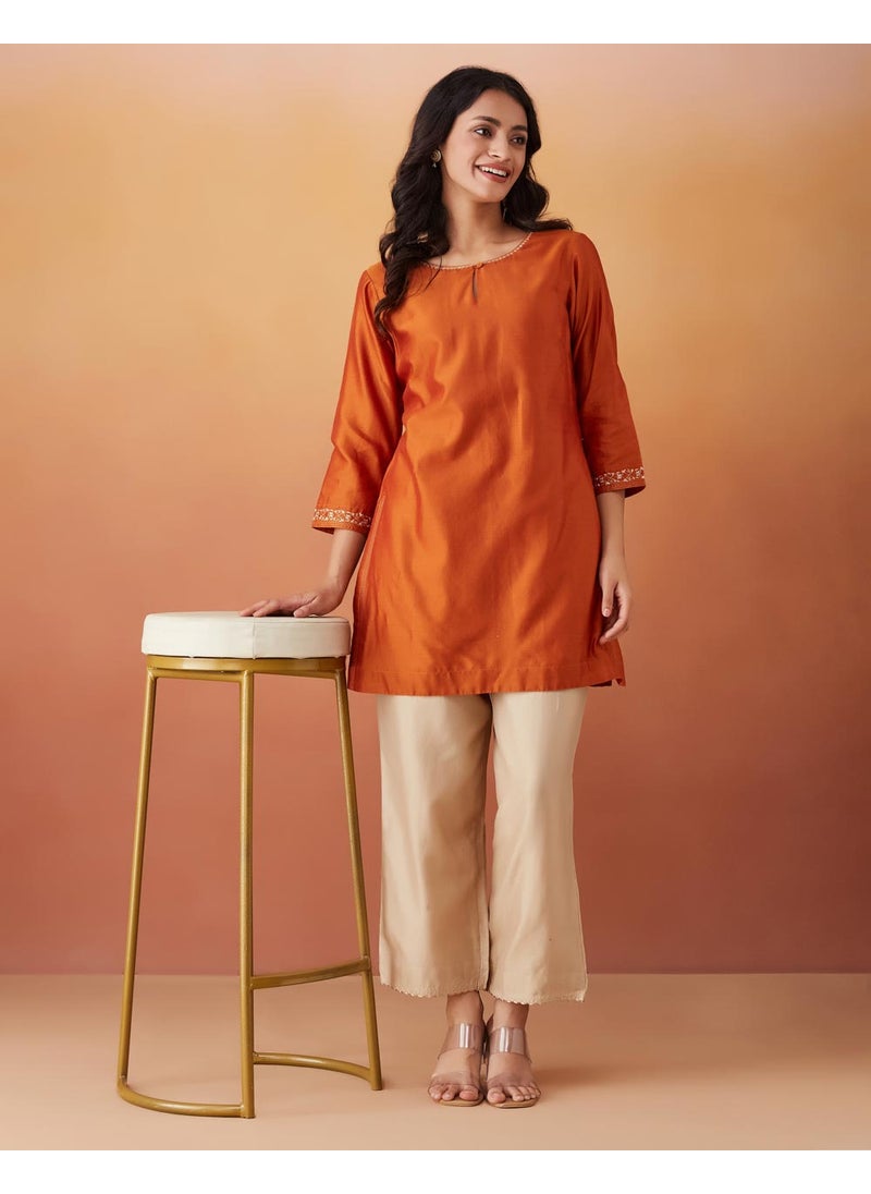Cotton Silk Embroidered Short Kurta