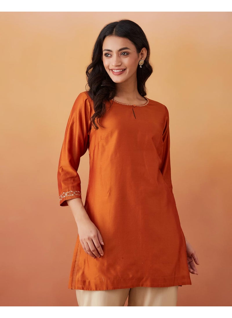 Cotton Silk Embroidered Short Kurta