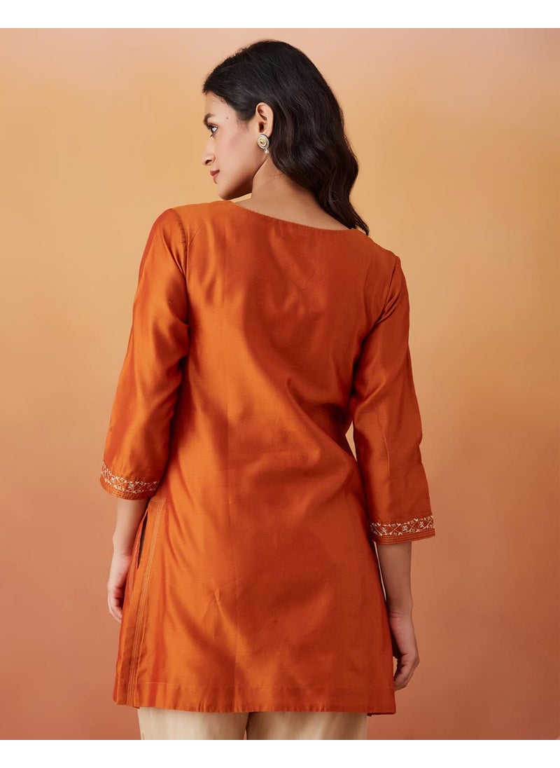 Cotton Silk Embroidered Short Kurta