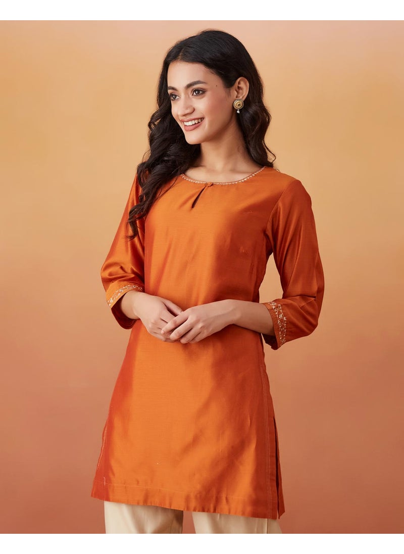 Cotton Silk Embroidered Short Kurta