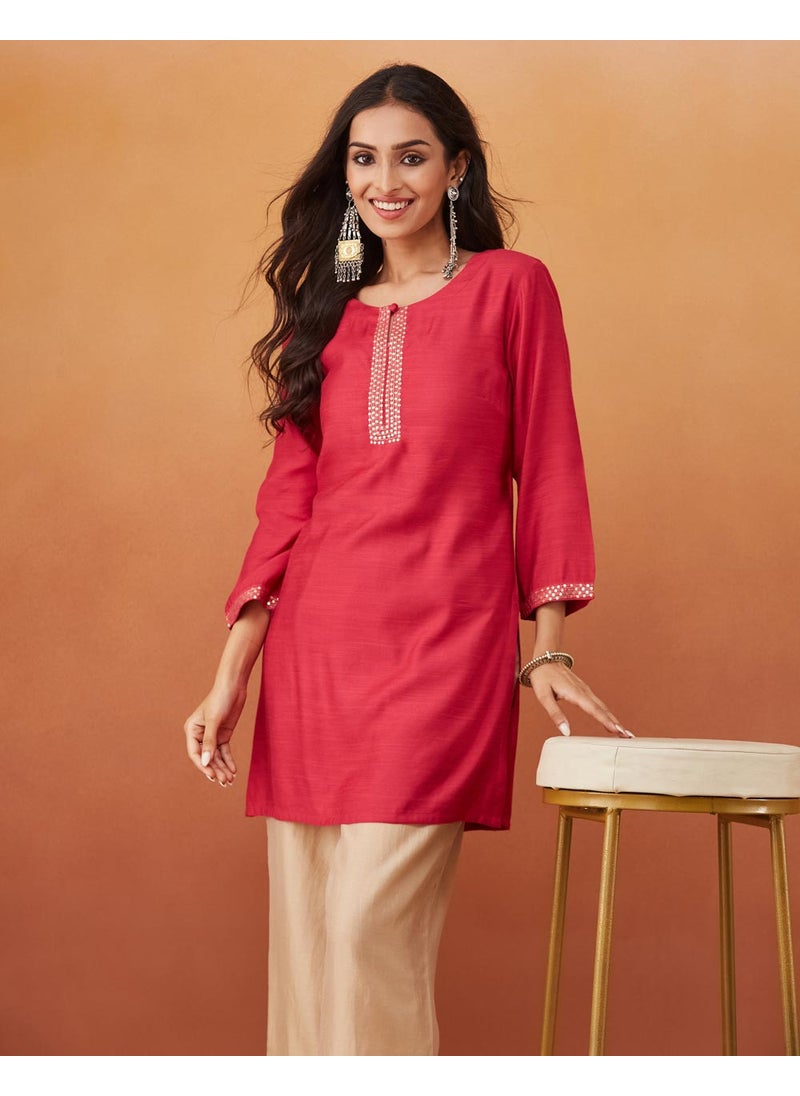 Pink Viscose Silk Slim Fit Embroidered Short Kurta