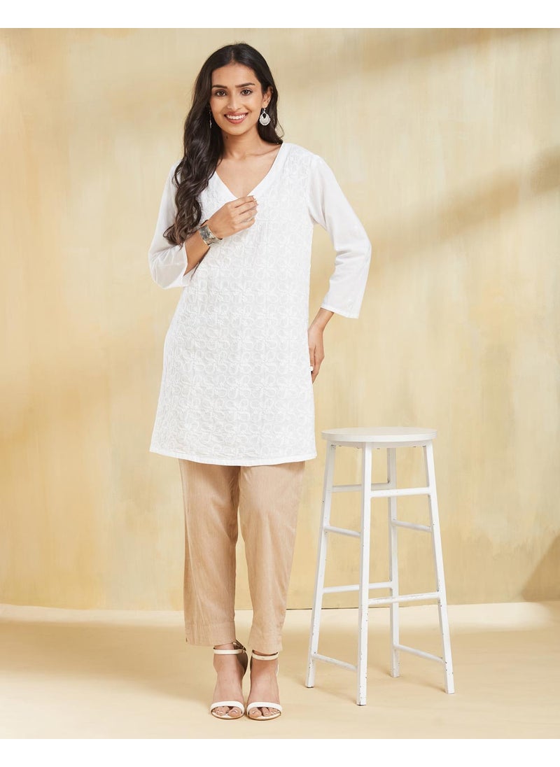 White Cotton Slim Fit Chikankari Short Kurta