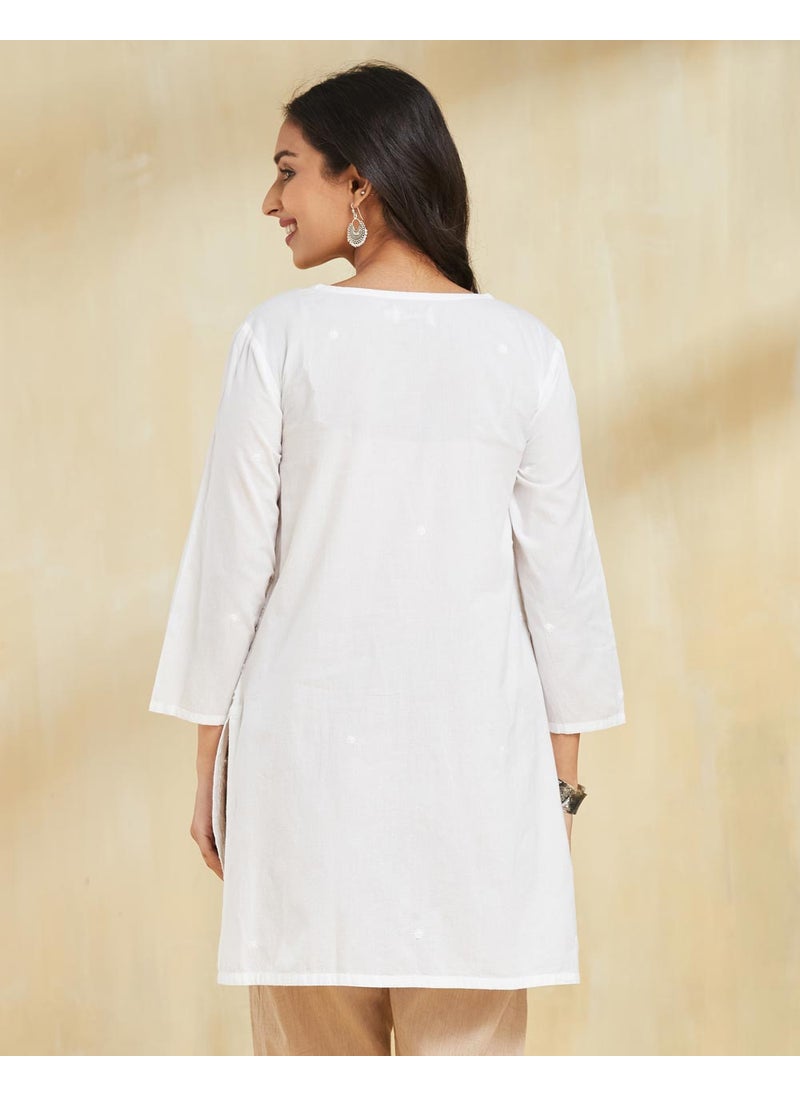 White Cotton Slim Fit Chikankari Short Kurta