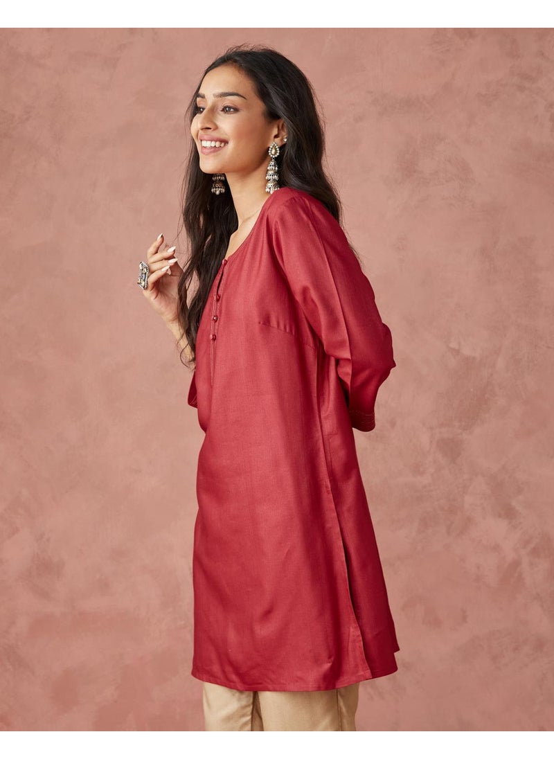 Pink Viscose Silk Slim Fit Short Kurta