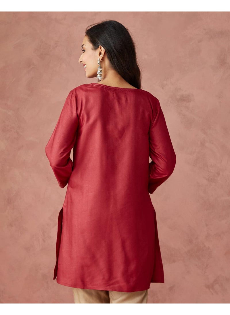 Pink Viscose Silk Slim Fit Short Kurta