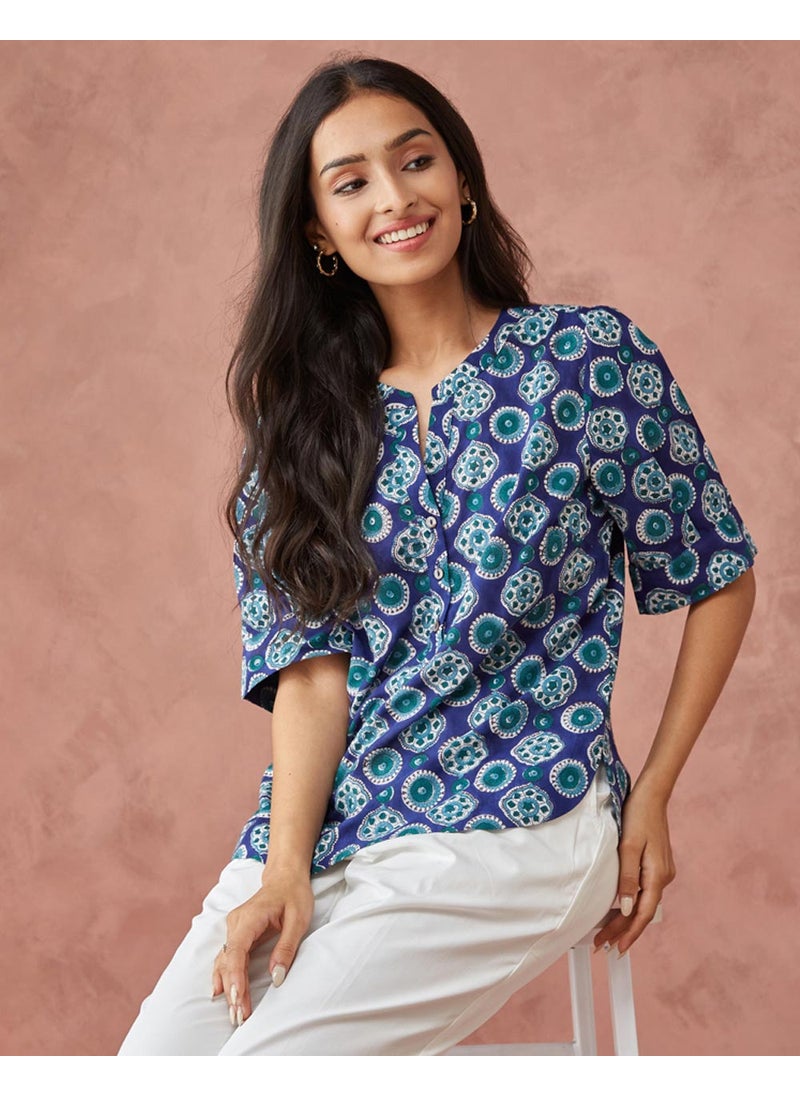 Blue Cotton Printed Top