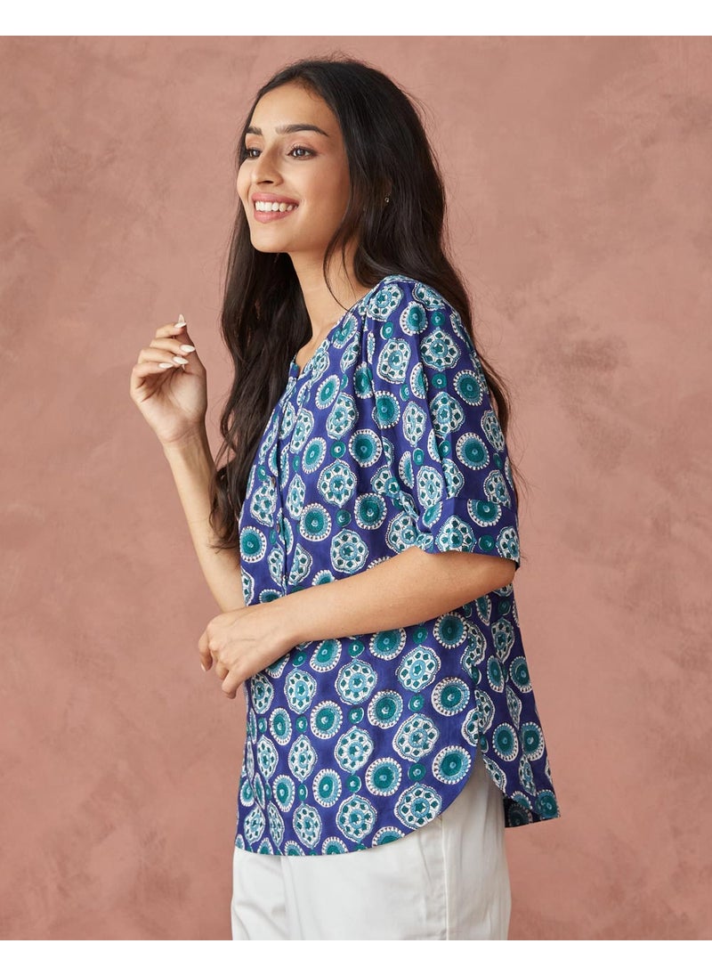 Blue Cotton Printed Top