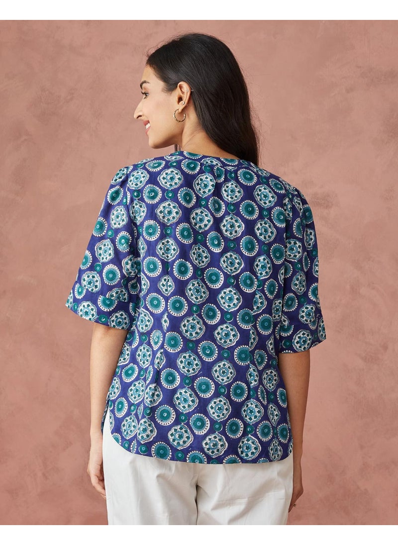 Blue Cotton Printed Top