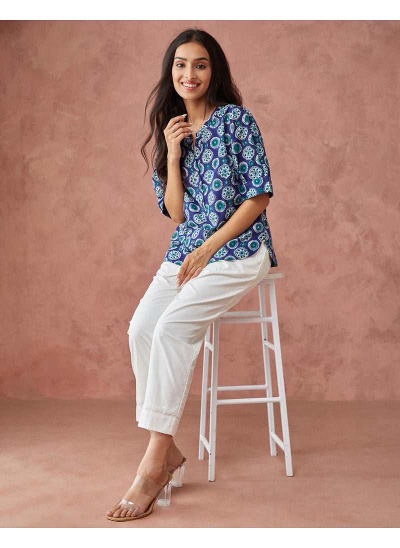 Blue Cotton Printed Top