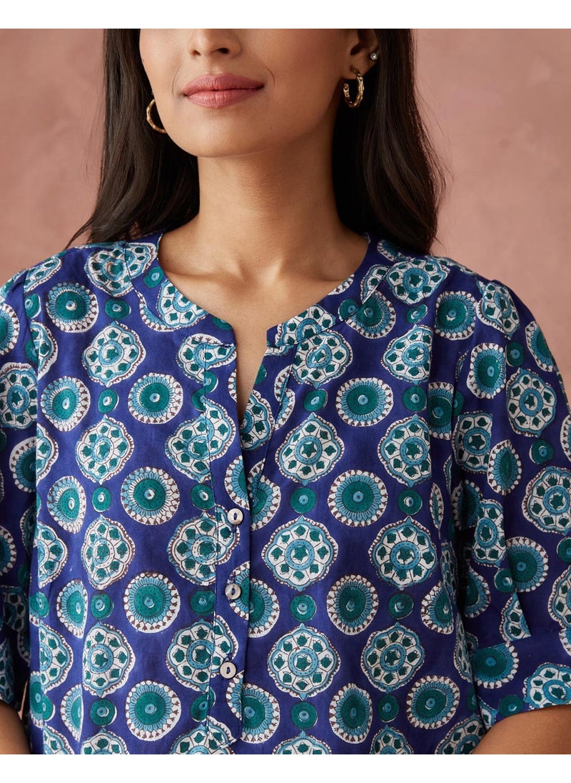Blue Cotton Printed Top