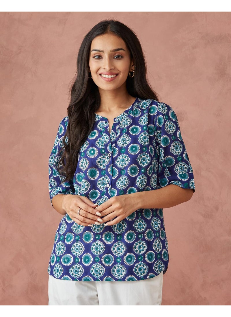 Blue Cotton Printed Top