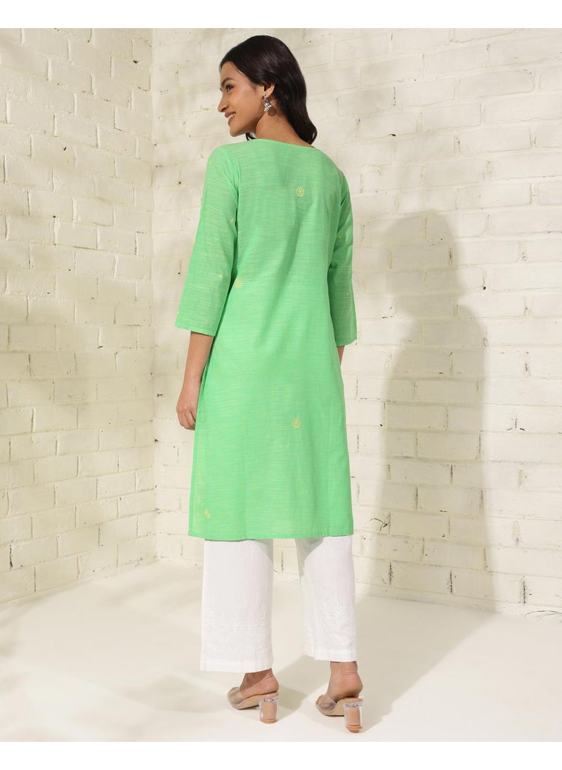 Green Cotton Chikankari Knee Length Kurta
