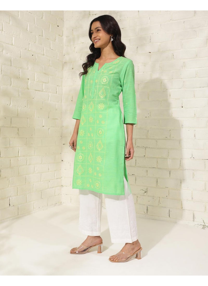 Green Cotton Chikankari Knee Length Kurta