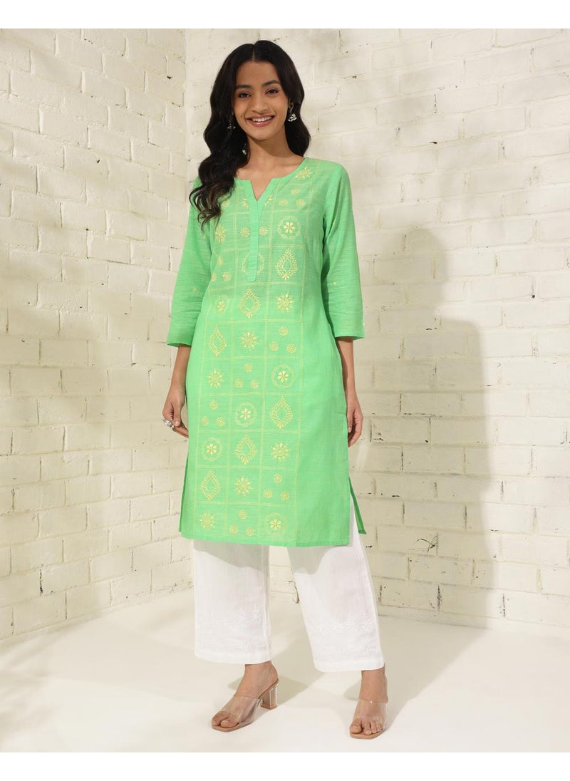 Green Cotton Chikankari Knee Length Kurta
