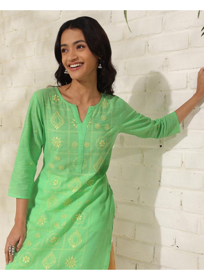 Green Cotton Chikankari Knee Length Kurta