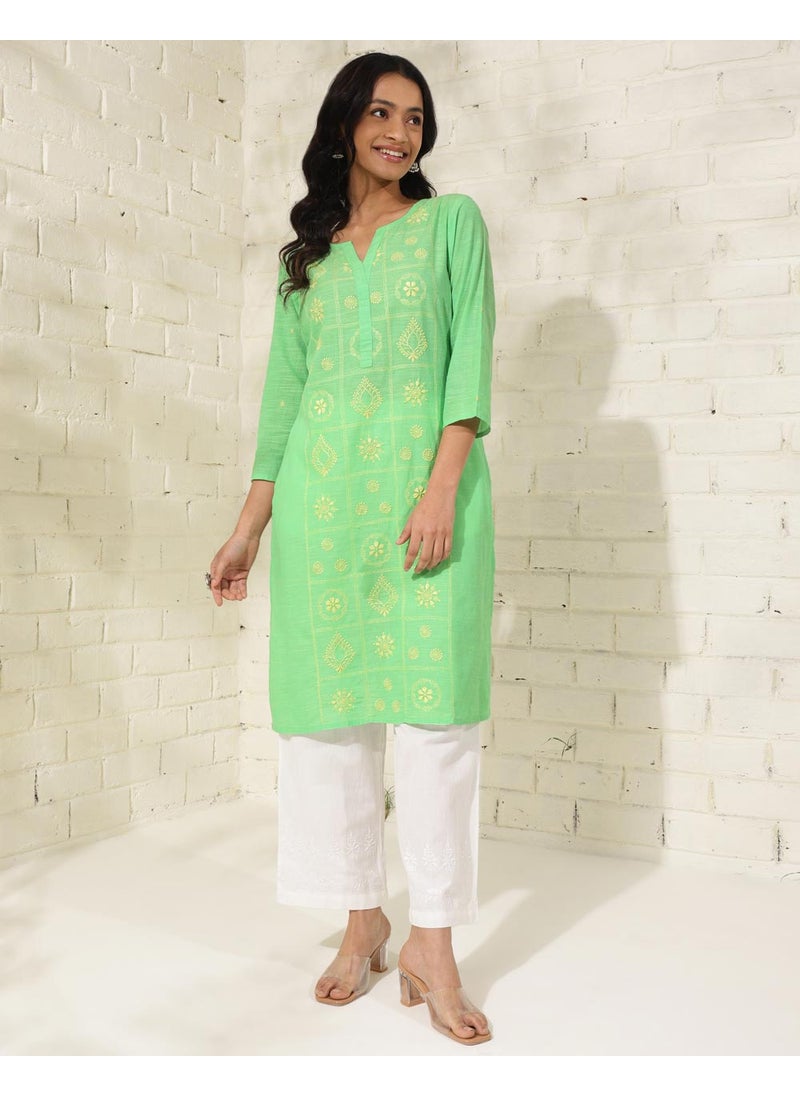 Green Cotton Chikankari Knee Length Kurta