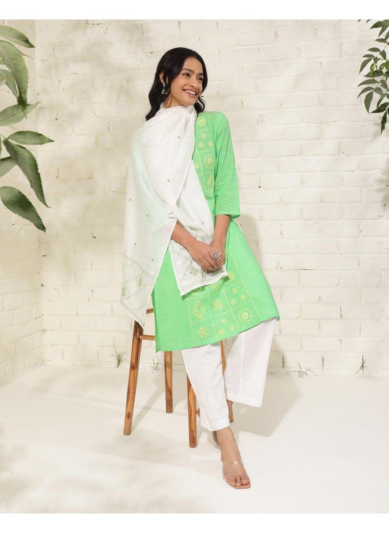 Green Cotton Chikankari Knee Length Kurta