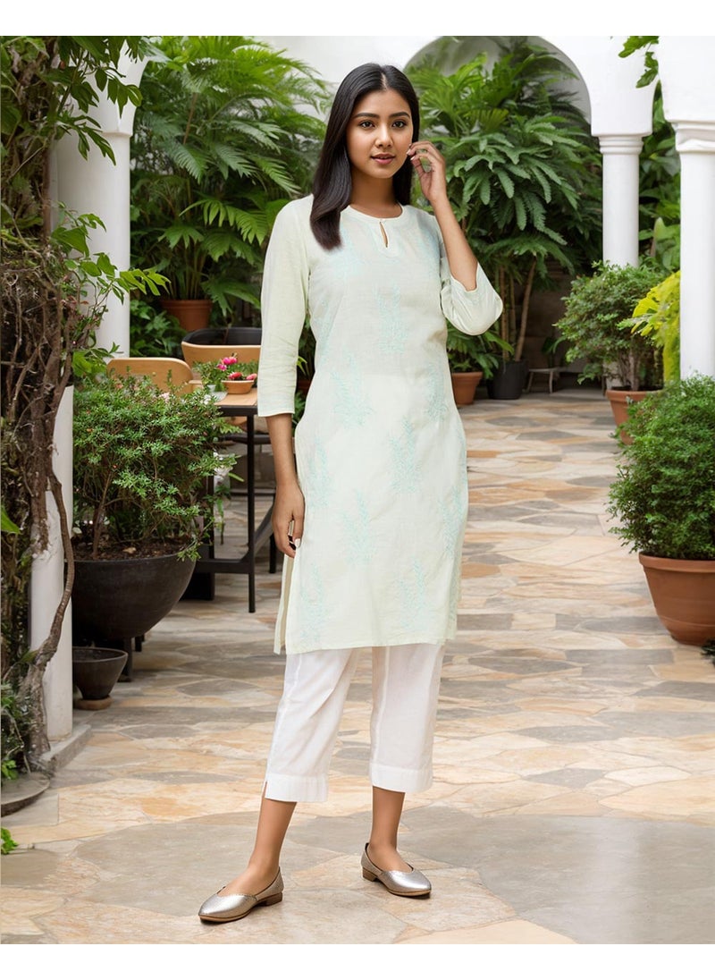 Green Cotton Chikankari Knee Length Kurta