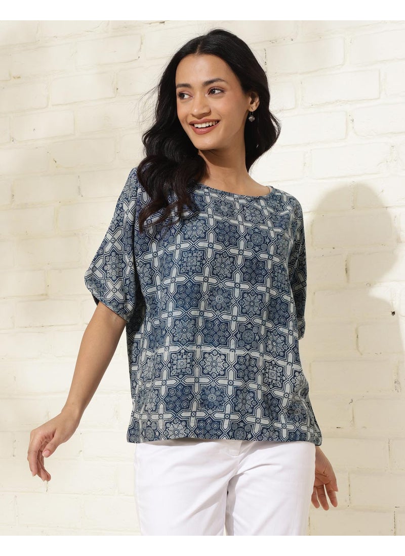 Blue Viscose Printed Top