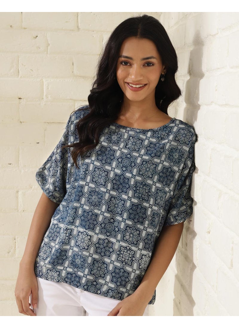 Blue Viscose Printed Top