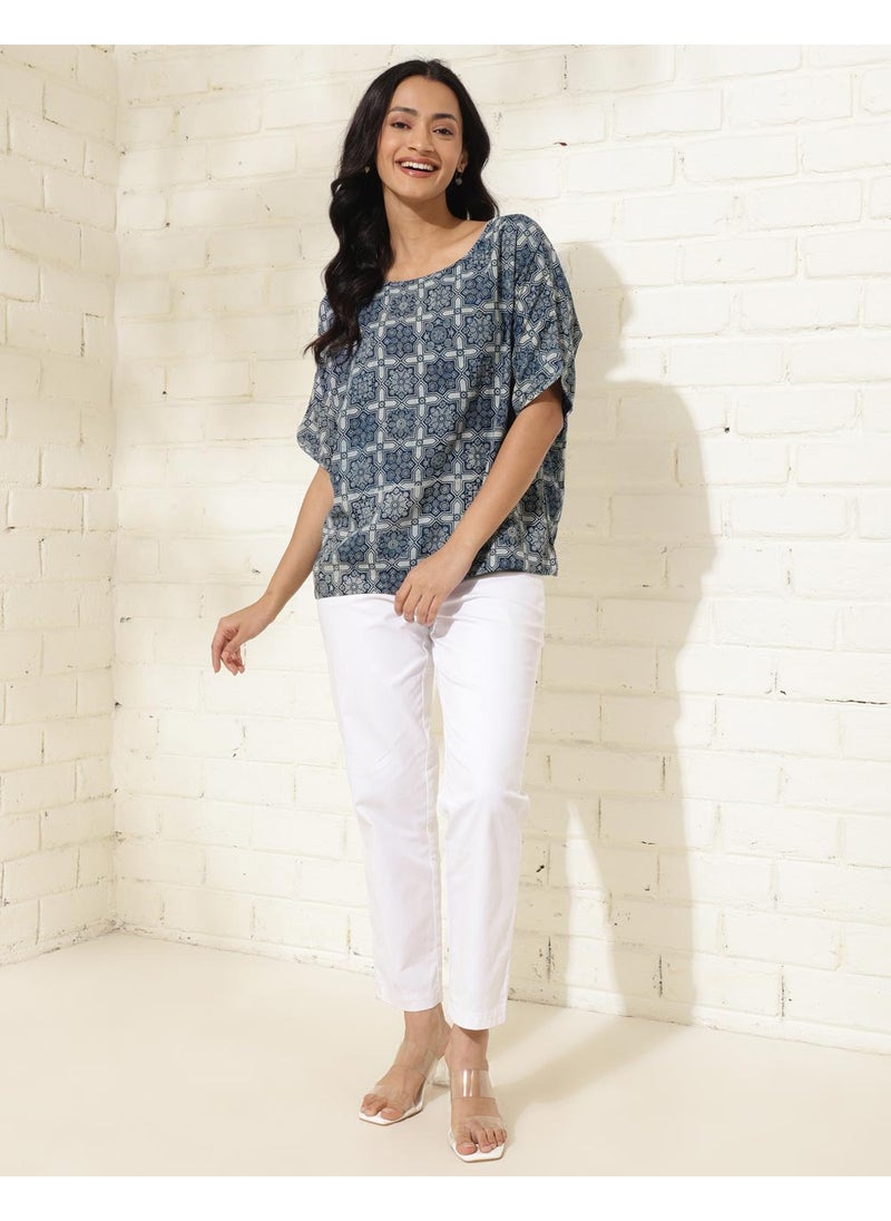 Blue Viscose Printed Top