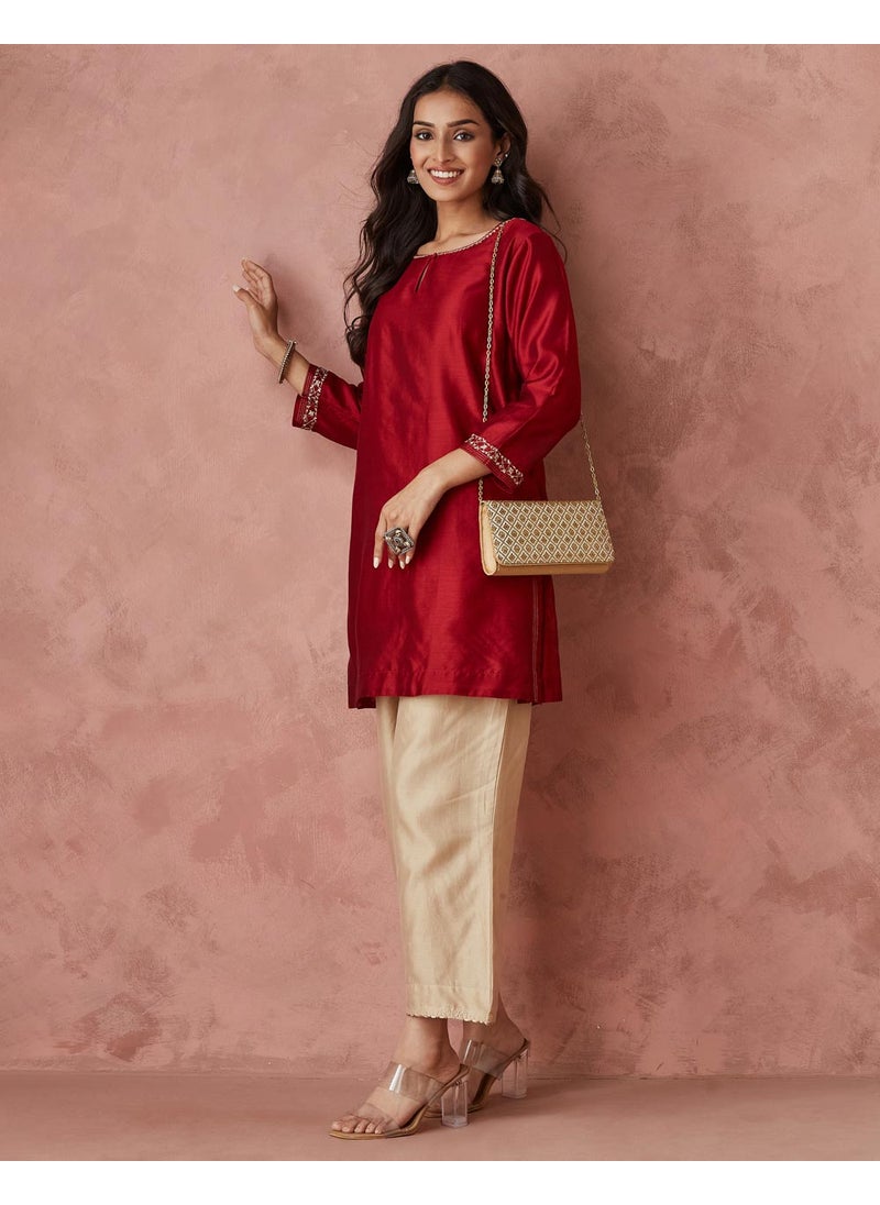 Cotton Silk Embroidered Short Kurta