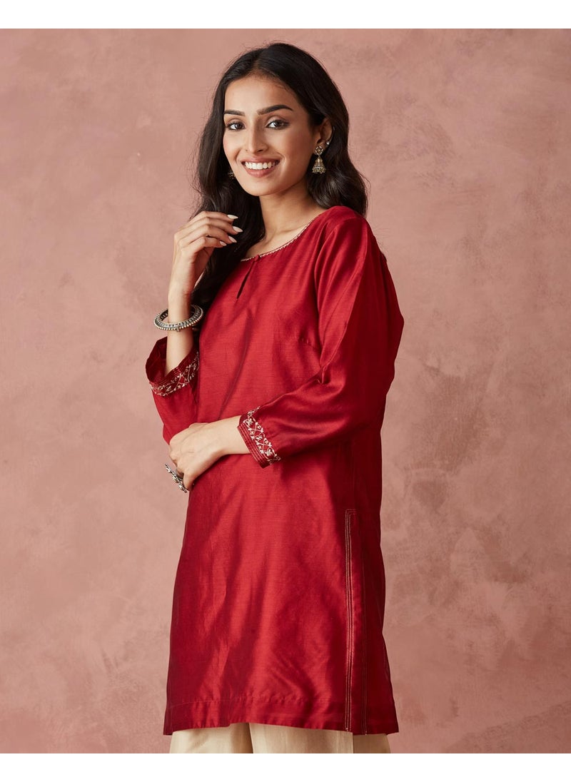 Cotton Silk Embroidered Short Kurta