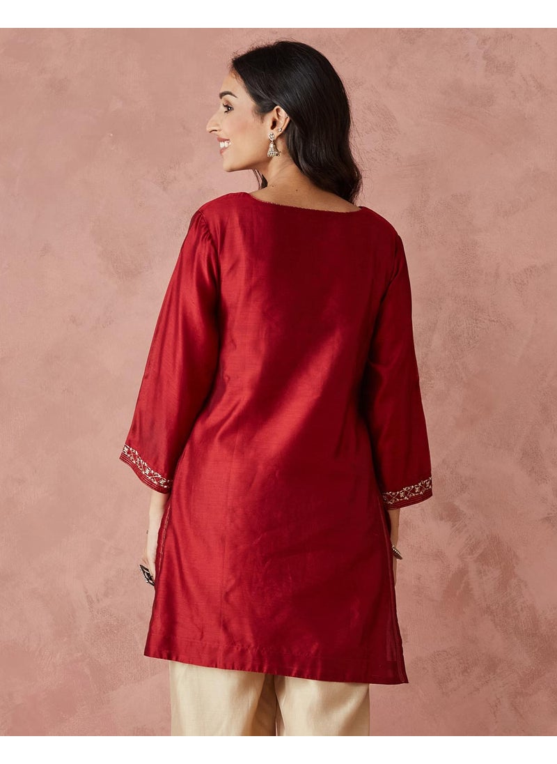 Cotton Silk Embroidered Short Kurta